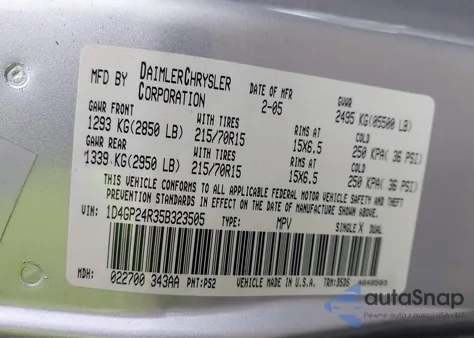 2005 Dodge Grand Caravan Se z USA, uszkodzony, nr VIN 1D4GP24R35B323505